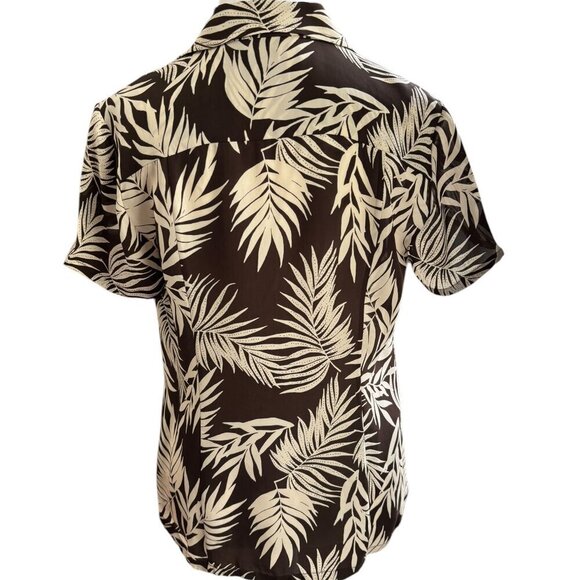 AMBER SUN Short Sleeve Button Front Blouse Chocolate Brown Cream Leaf Pattern S - Picture 4 of 7